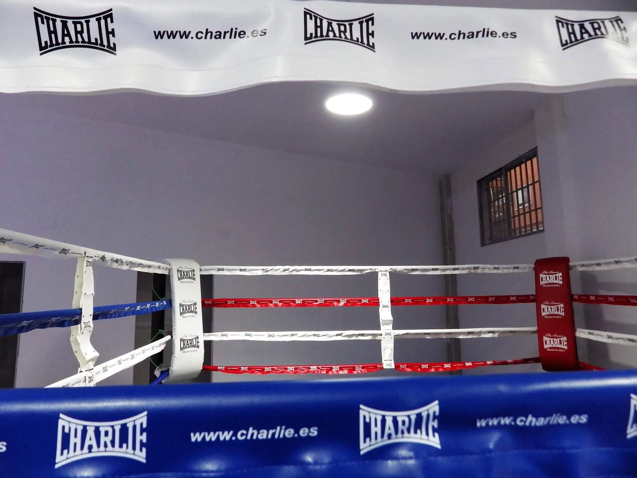 Esquina del ring con las cuerdas roja, blanca y azul